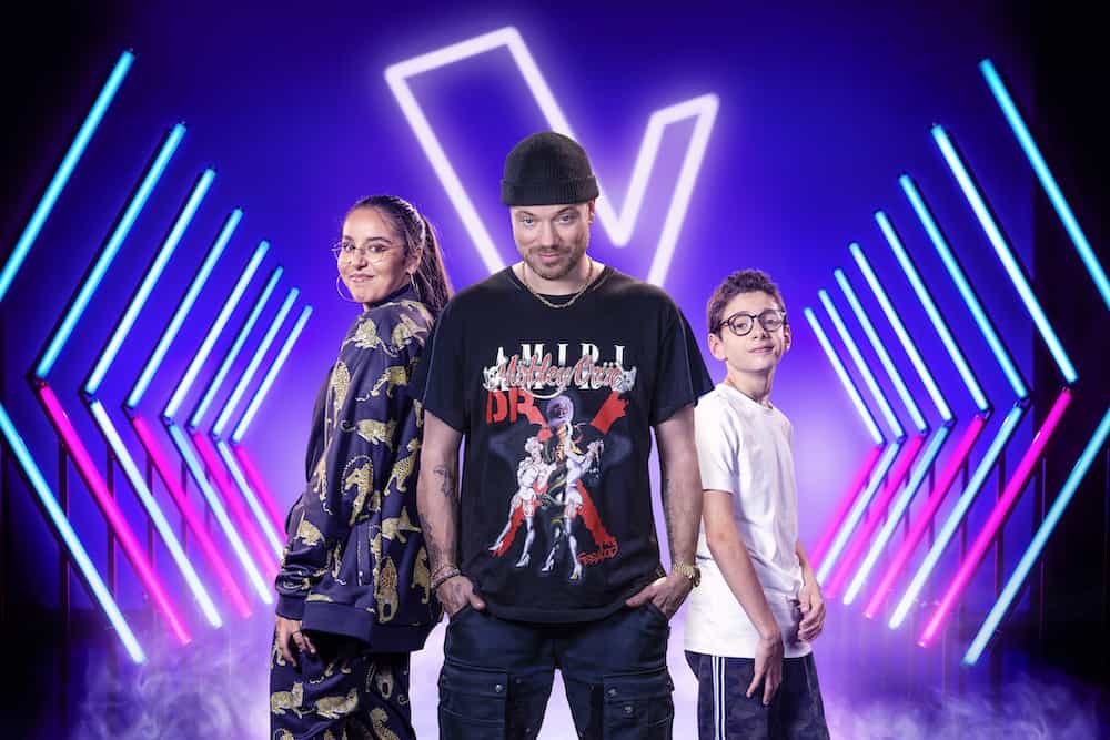 Gers Pardoel met zijn 2 finalisten Sofia en Max staan in de finale van The Voice Kids 2020 in Vlaanderen